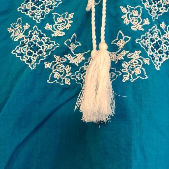 Liz & Me Blue V-neck Lace-up Embroidered Beads Short Sleeve Blouse 2X (22/24 W) - Picture 5 of 16